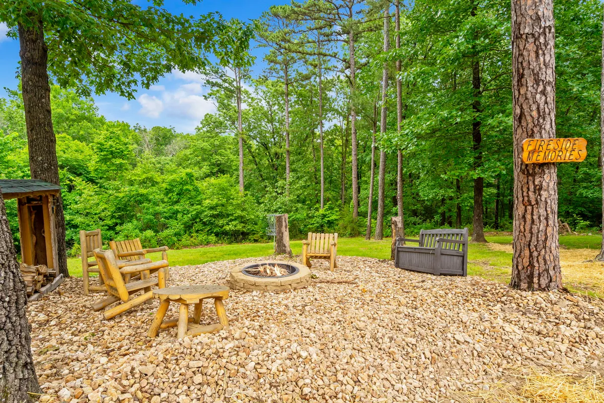 A cozy fire pit area with wooden seating and a 'Fireside Memories' sign, set among trees—perfect for communal gatherings, storytelling, and marshmallow toasting under the stars.