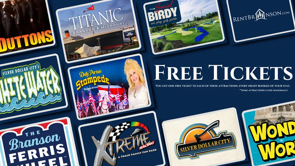This interior image displays a collection of attraction tickets, promotional materials, and colorful logos, representing the range of entertainment and cultural experiences available in the Branson area.